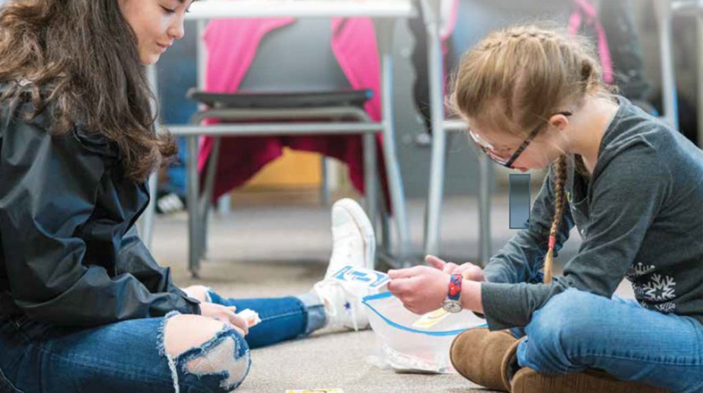 A general education student peer mentoring a Special Education student.