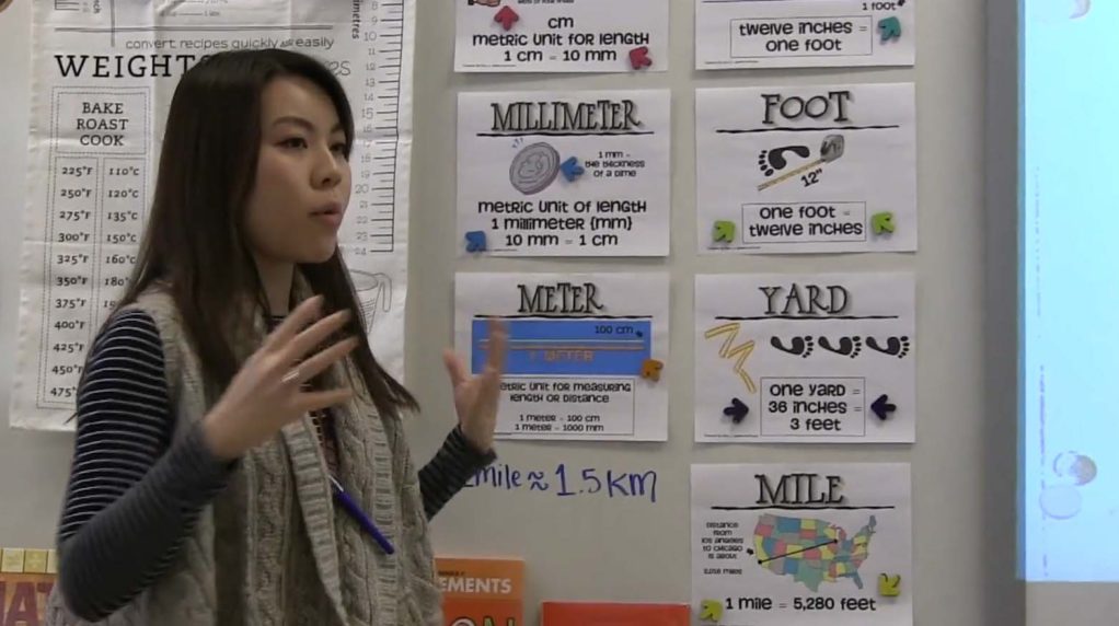 A teacher speaking in front of a classroom of students.