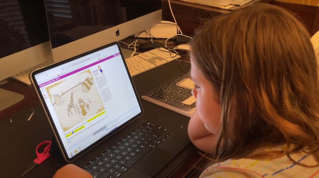 A student using a computer to read text.